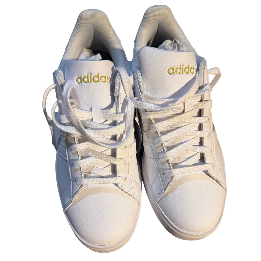 Adidas Grand Court Base 2.0 Shoes White Gold Metallic Sneakers GW9251 Sz 8.5